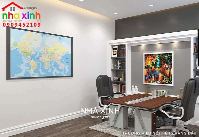 Khu vực bàn làm việc được thiết kế hiện đại, đồ dùng được sắp xếp gọn gàng tạo sự chuyên nghiệp view 02