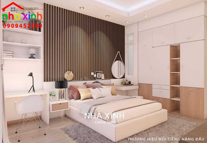 Phòng ngủ master có lối trang trí hiện đại kết hợp nội thất gỗ