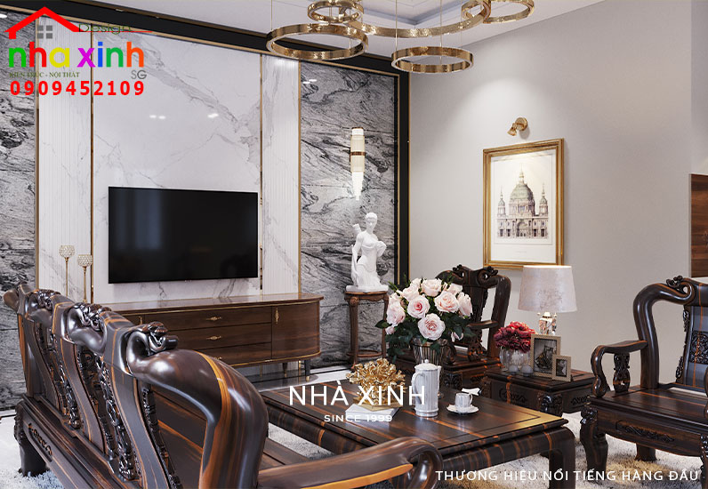 Cách bố trí hài hòa của KTS Nhà Xinh mang lại không gian phòng khách biệt thự đẹp sang trọng