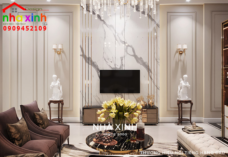 Tường được trang trí ấn tượng bằng chất liệu hiện đại và cao cấp