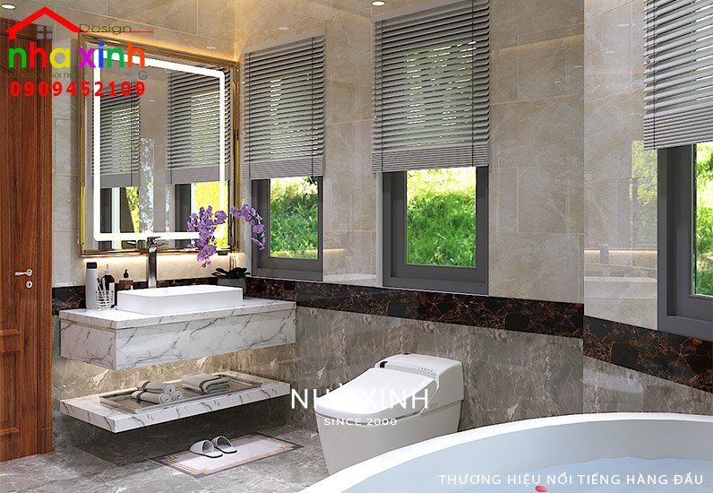 Thiết kế nội thất nhà phố với không gian phòng WC được bố trí đồ dùng hiện đại 