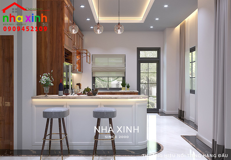 Quầy mini bar có thiết kế đơn giản đẹp hài hòa trong khu vực bếp 