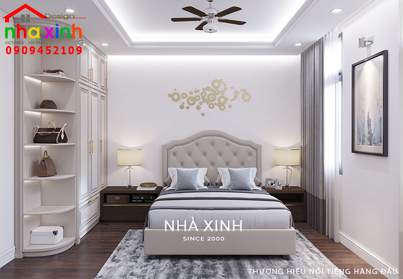 Phòng ngủ khách với tông màu trắng thanh lịch làm nổi bật vẻ đẹp của nội thất phong cách tân cổ điển
