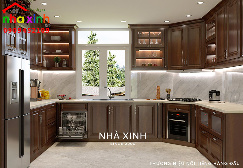 Toàn bộ nội thất bếp được làm bằng gỗ mang đến giá trị thẩm mỹ và độ bền cao cho nội thất nhà phố Hà Nội
