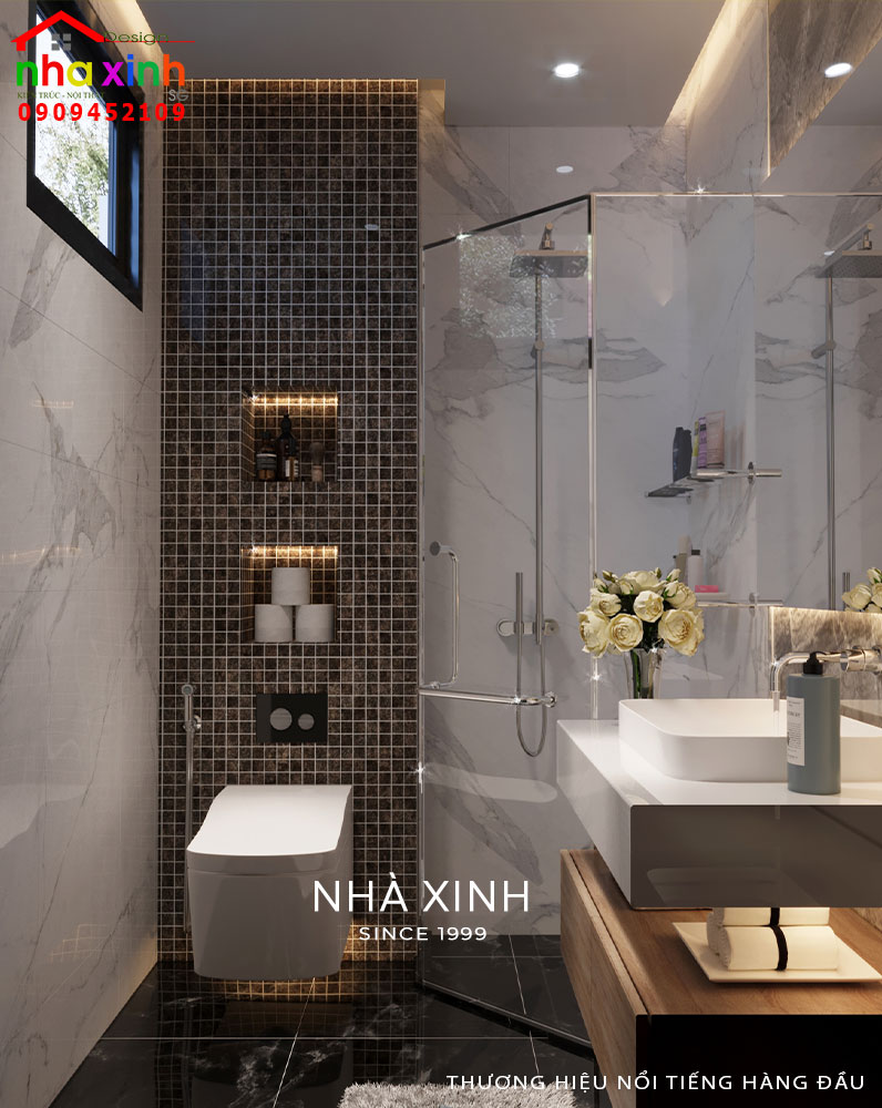 Nội thất phòng WC chung sử dụng màu sắc ấn tượng và thiết bị hiện đại