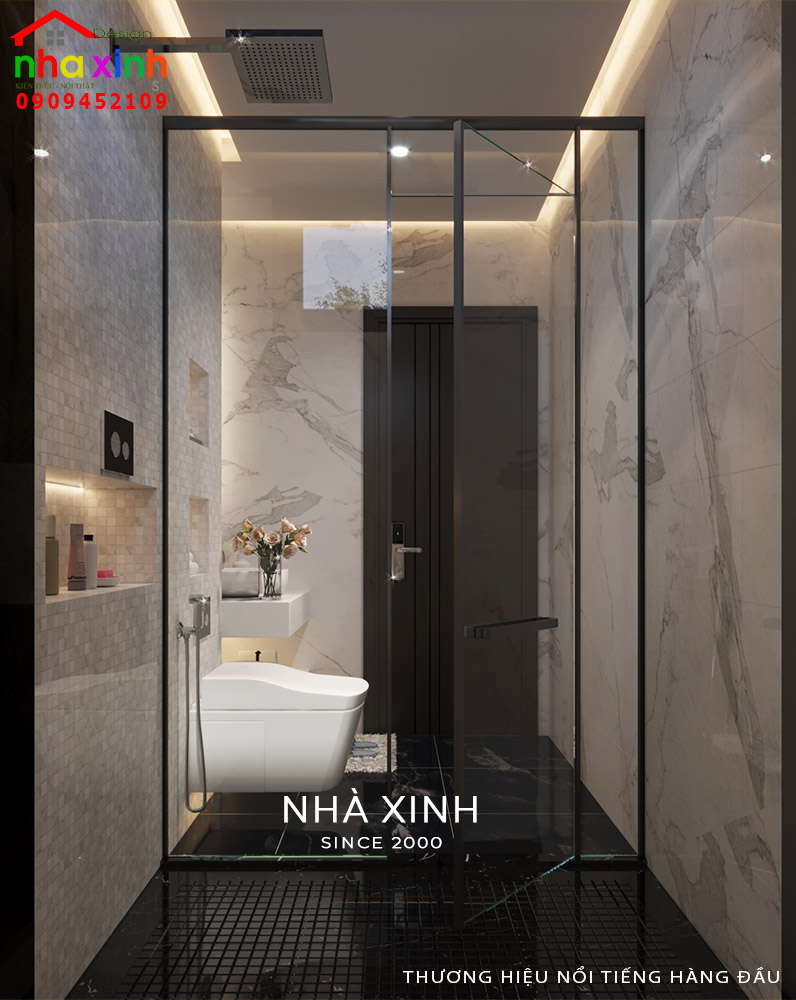 Phòng WC với lối thiết kế hiện đại tối giản giúp tối ưu diện tích 