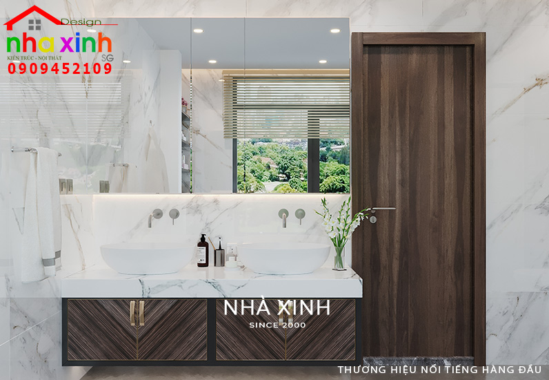 Không gian phòng WC được thiết kế nổi bật với tone màu trắng