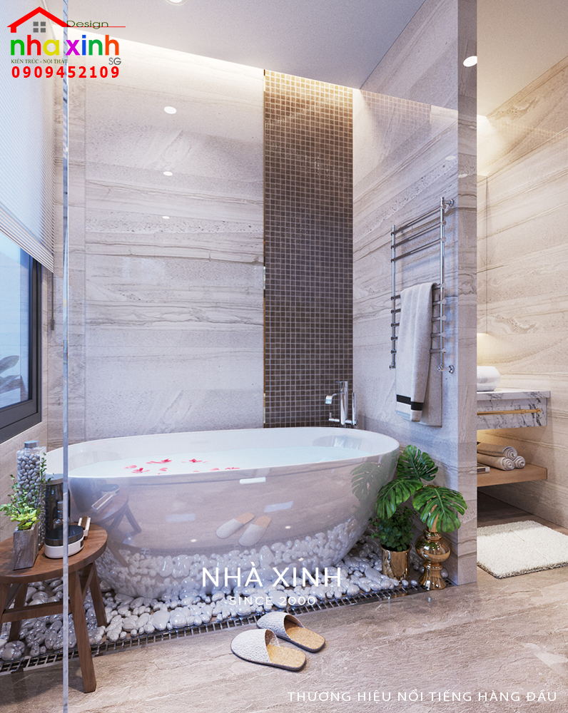 Phòng tắm được thiết kế vách kính trong suốt mở rộng không gian